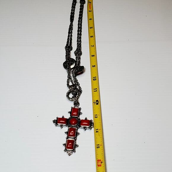 Red Silver Tone Chunky Cross Rose Charms Double Chain Necklace 22" Unsigned - Picture 9 of 9